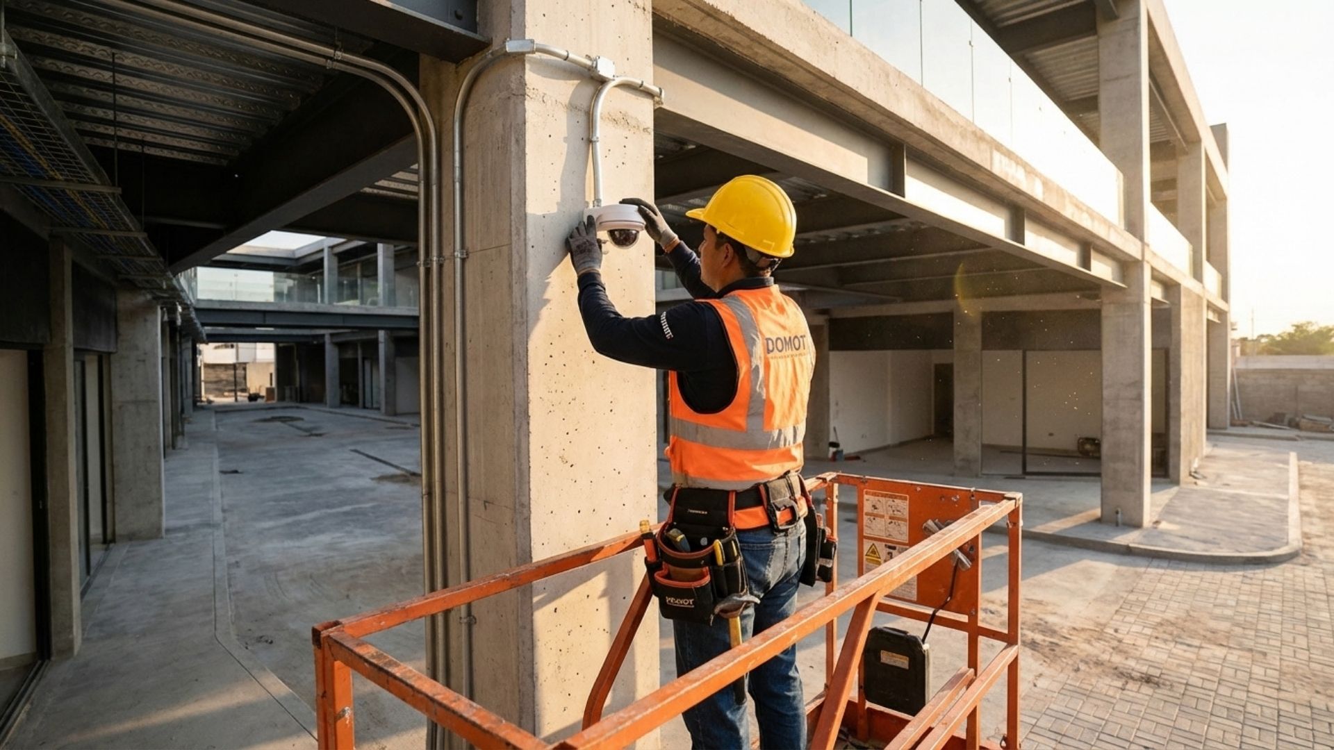 Cámara de seguridad tipo domo montada en el techo de una oficina.